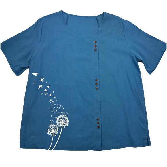 Blue Top Birds Dandelions Short Sleeve Buttons Size XL Lightweight - Picture 1 of 8